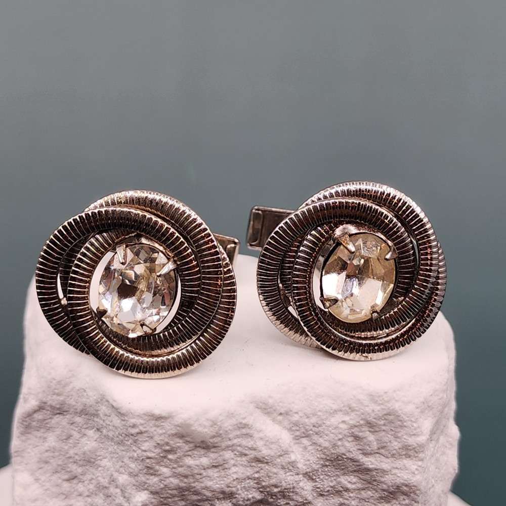 Vintage Silver Tone Clear Rhinestone Spiral Cufflinks Mid Century Modern Men's